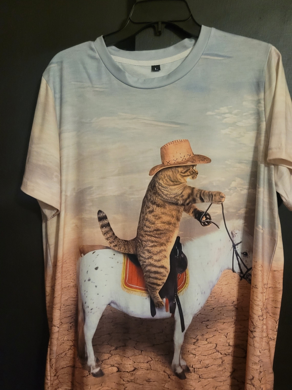 Cat Rider Graphic Tee - Beige/Light Blue Size L